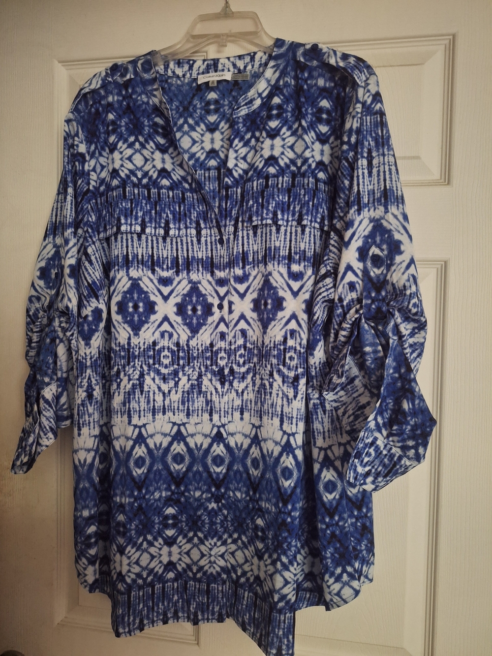 Calvin Klein Blue and White Ikat-Style Tunic 2XL